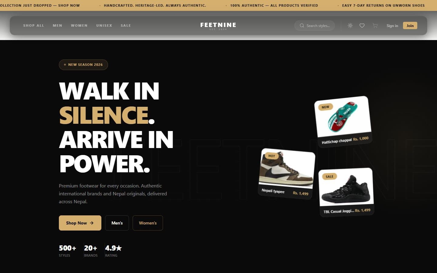 FeetNine footwear store home page